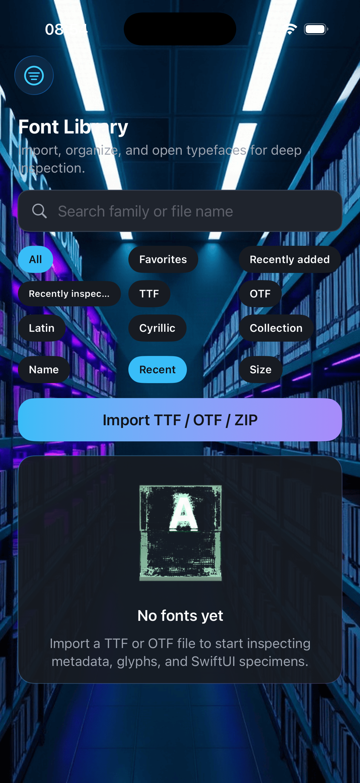 Font library screen in FontLab Mobile